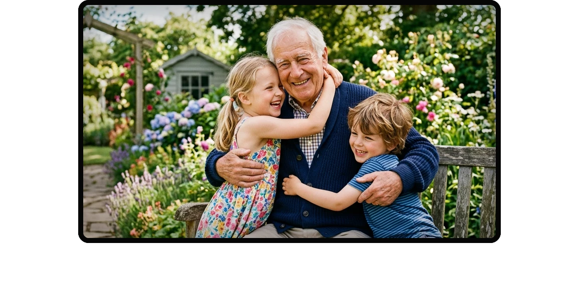 Famille heureuse de trois générations partageant leurs histoires de vie